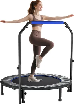 Produktbild von Fitness-Trampolin - Minitrampolin für Erwachsene - Ø122 cm - Klappbar - 4-fach verstellbarer Haltegriff - Für Cardio-Training - Blau