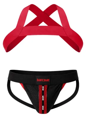 Image de Barcode Berlin - Sous-vêtement Jockstrap Hommes - Multipack 1x Mesh Jock Tel Black-Red + 1x Matt Harness Red - Taille XL