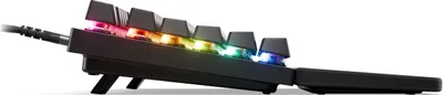 Side view of a black gaming keyboard with RGB lighting.