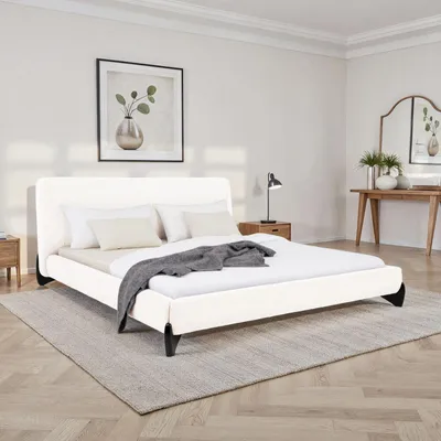 Produktbild von Polsterbett PATERNA gepolstert 180 x 200 cm, Weiß – modernes Doppelbett mit stabilem Lattenrost aus Holz, Bouclé Stoffbezug und Holzbeine Mid Century Design