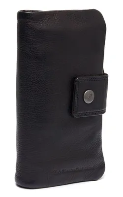 A black leather wallet is shown against a white background.