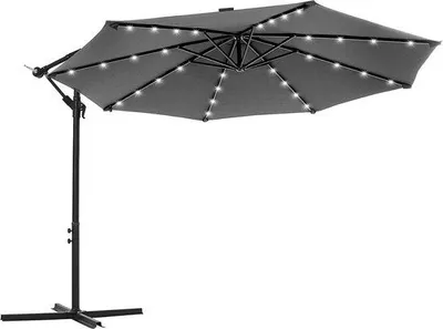 Obrázek produktu pro Slunečník na zahradu a terasu, průměr 3 m, s LED osvětlením, UV ochranou, UPF 50+, 32 LED diod, solární napájení, šedá barva
