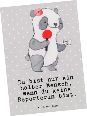 Produktbild von Mr. & Mrs. Panda Postkarte Reporterin Herz - Grau Pastell - Geschenk, Ansichtskarte, Postkarten, Grußkarte, bildkarte, Ansichtskarten