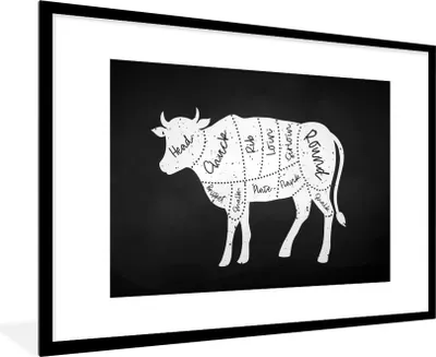 Produktbild von MuchoWow® Gerahmtes Poster Kuh - Küche - Fleisch 90x60 cm - Poster mit Schwarzem Bilderrahmen Wandposter Rahmen Foto Bilder - Wanddekoration - Fotos
