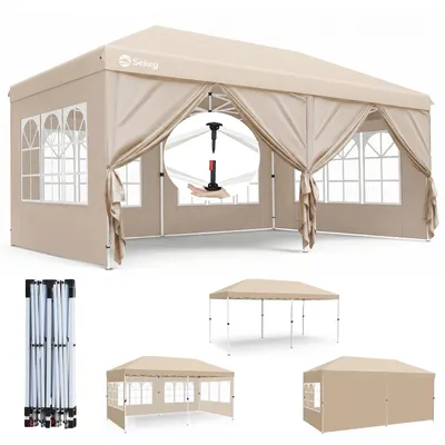 Produktbild von Sekey Faltpavillon 3x6 m wasserdicht UV50+ Gartenpavillon Partyzelt mit 6 Seitenteilen höhenverstellbar, Taupe