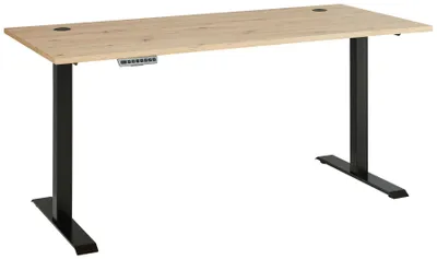 Höhenverstellbarer Schreibtisch MEMPHIS Artisan Eiche mit heller Holzplatte und schwarzem Metallgestell in Gesamtansicht.