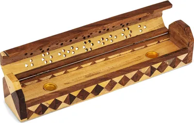 Produktbild von Räucherstäbchenhalter Mangoholz mit Intarsien seitliches Fach 30 x 6 x 6 cm 2559