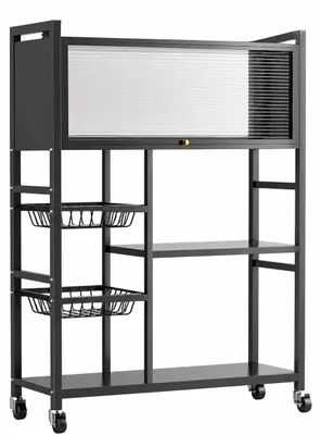 Produktbild von Küchen-Aufbewahrungswagen - Backregal - Kohlenstoffstahl - 6 Ebenen - Geriffelte Glastür mit goldfarbenem Griff - 2 abnehmbare Gitterkörbe - Feststellbare 360°-Rollen - Schwarz