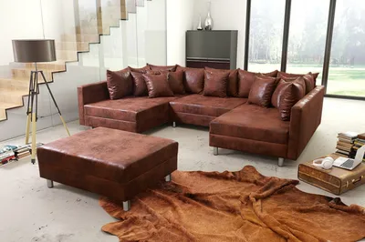 Produktbild von Wohnlandschaft Sofa Couch Ecksofa Eckcouch in Mikrofaser Vintage braun Minsk XXL