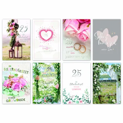 Produktbild von 100 Glückwunschkarten mit Umschlägen, Sortiment, Silberhochzeit 8 Motive, 150,00€