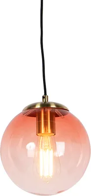 Produktbild von QAZQA - Art Deco Art Deco Hängelampe I Pendellampe I Pendelleuchte Messing mit rosa Glas 20 cm - Pallon I Wohnzimmer I Schlafzimmer - Kugel I Kugelförmig I Länglich - LED geeignet E27