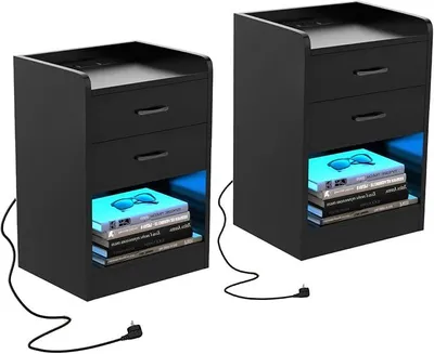 Produktbild von Nachttisch mit LED Beleuchtung,2er Set Nachttisch schwarz mit 2 Schublade Nachtschrank mit Steckdosen,Beistelltisch mit 1 Schubladen offenem Fach Led Nachttisch mit 16 Farben Dimmbar(2)