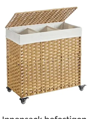 Zdjęcie produktu dla Koszyk na pranie ręcznie pleciony, z metalową konstrukcją – składany, oszczędzający miejsce – 66 x 33 x 60 cm