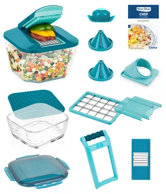 Produktbild von Genius Nicer Dicer Chef Professional Gemüseschneider Gemüsehobel manuell 18-tlg, 5.2L Behälter extra Glassschüssel Deckel, Spiralschneider