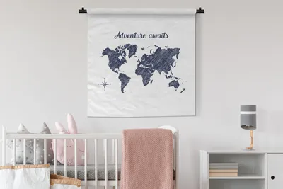 Produktbild von MuchoWow® Wandteppich Wandbehang Weltkarte - Zitat - Blau 90x90 cm Tapisserie Dekoration Wandtuch - Wandaufhänger