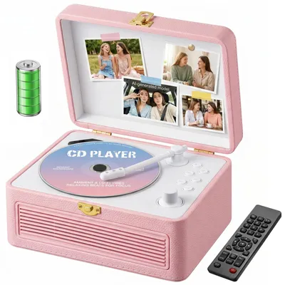 Zdjęcie produktu dla Przenośny odtwarzacz płyt CD z Bluetooth i wbudowanymi głośnikami, o pojemności baterii 3600 mAh, w stylu retro