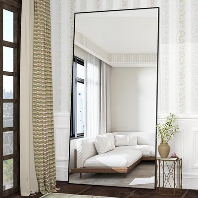 Productafbeelding van 180 x 80 cm staande spiegel, zwarte vloer grote, staande spiegel, tegen muur voor slaapkamer, bekleding en aan de muur bevestigde dunne lijst, zwart