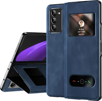 A dark blue flip leather case for a Samsung Galaxy Z Fold 2 5G phone is shown, with the phone partially open and displayed inside the case. The case has a view window and a touch-sensitive area for call controls.