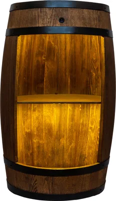A wooden barrel-shaped cabinet with internal shelves and LED lighting.