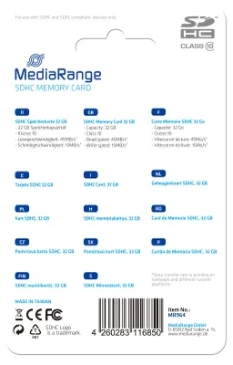 Produktbild von MediaRange MR964, 32 GB, SDHC, Klasse 10, 45 MB/s, 15 MB/s, Blau