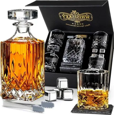 Zdjęcie produktu dla Zestaw karafka do whisky - 700 ml - karafka - prezent dla mężczyzny - szklanki - kamienie - podstawki - szczypce do lodu