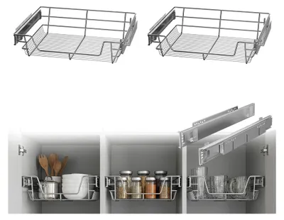 Produktbild von Teleskopschublade 2x60cm Ausziehbare Küchenschublade Metall Vollauszug, Schrankauszug Korbauszug Schubladeneinsatz Nachrüsten für Spülschrank Für 60 cm Außenbreite Küchenschrank, Silber