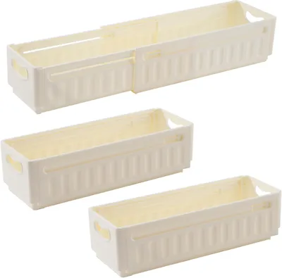Produktbild von 3er-Set Aufbewahrungsboxen aus Kunststoff, 47,5 × 8 × 10 cm, kleine stapelbare Aufbewahrungskörbe und Schubladenkörbe für Küche, Wohnzimmer, Schlafzimmer, Badezimmer, Beige