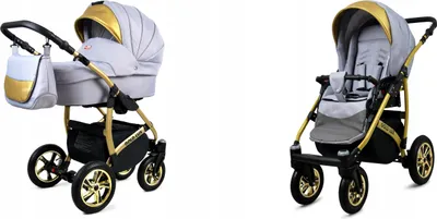 Two images of a baby stroller, one showing the bassinet attachment and the other showing the stroller seat.