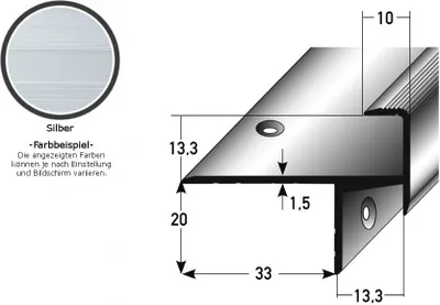 Produktbild von Laminat-Parkett-Treppenkante / Winkelprofil "Cardale", Einfasshöhe 13,3 mm, 33 mm breit, Aluminium eloxiert, gebohrt-silber-1000