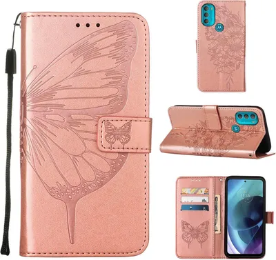 Produktbild von Moto G71 5G Hülle, Schmetterling Prägung Flip Leder Kartenfächer Schutzhülle Ledertasche mit Ständer für Motorola Moto G71 5G Roségold