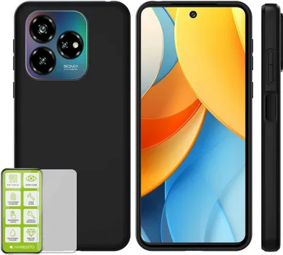 A collage showing a black phone case from different angles, a smartphone with a colorful wallpaper, and a screen protector.