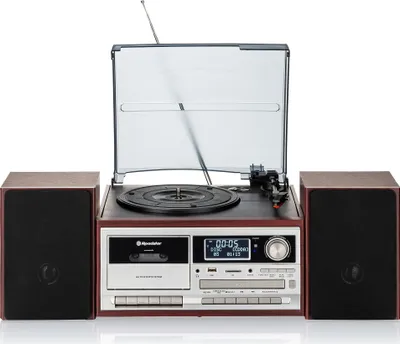 A vintage-style record player with speakers and a cassette deck, shown against a white background.