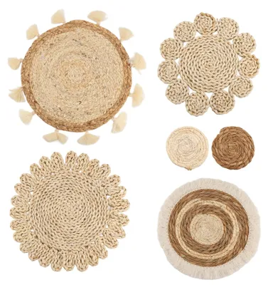 6 geflochtene Wandkörbe, handgefertigt, Blumen- und Quasten-Design, Beige