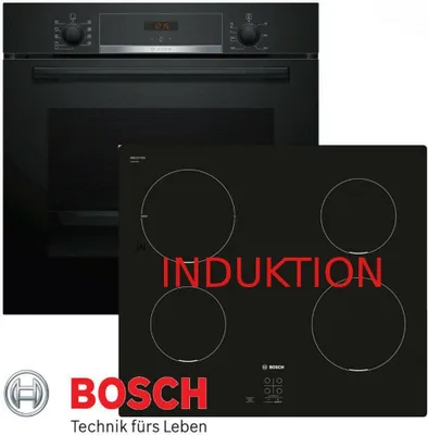 Produktbild von Bosch Herdset Autark Induktion Kochfeld und Backofen Schwarz mit Teleskopauszug.