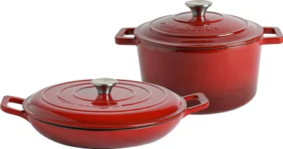 Produktbild von 2-teiliges flaches Gusseisen-Auflaufformen-Set – 2,3 l/4,5 l – rotes Ombre
