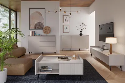 Produktbild von Sideboard 125 cm mit Rillenfronten & Push-to-Open Schubladen – Wohnzimmerschrank Buffet-Kommode mit Stauraum, hohe Metallfüße, Beige Kaschmir – Industrial-Loft & Skandi Stil – Arysa