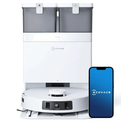 A white robot vacuum cleaner with two gray dustbins on top, shown with a smartphone displaying the ECOVACS logo.
