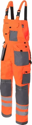 A pair of orange and gray work overalls with reflective strips.