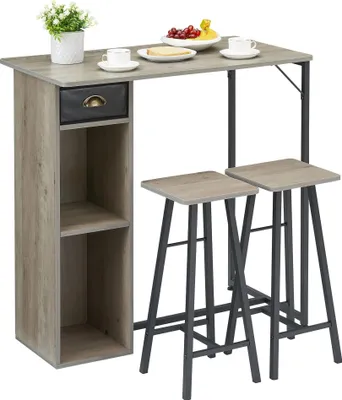 Produktbild von 3-teiliges Bartisch-Set - Bartisch mit 2 Hockern - Tresenhöhe - Ablagefächer - Metallgestell - Holz-Tischplatte - Schwarz/Grau