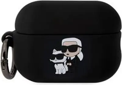A black AirPods Pro 2 case with a cartoon illustration of Karl Lagerfeld and his cat.