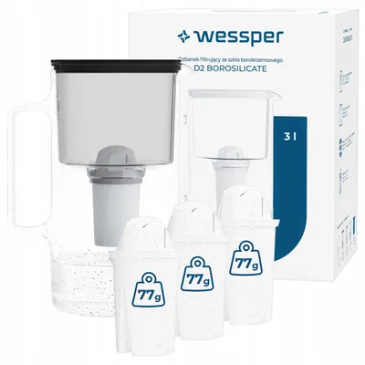 Immagine prodotto di Caraffa filtrante Wessper D2 BOROSILICATE da 3 L, nera – Caraffa filtrante in vetro con 4 filtri AquaClassic, senza BPA