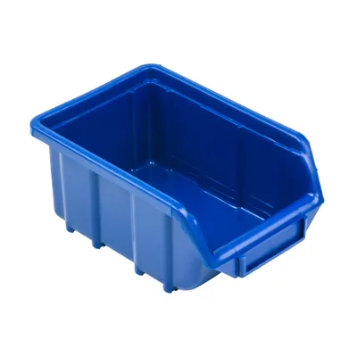 A blue plastic storage bin is shown against a white background.