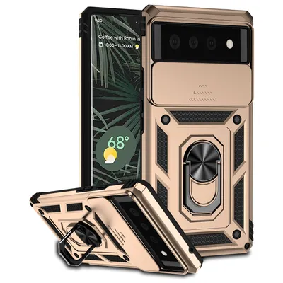Immagine prodotto di Custodia per Google Pixel 6 a doppio strato con copertura scorrevole della fotocamera e supporto ad anello Oro