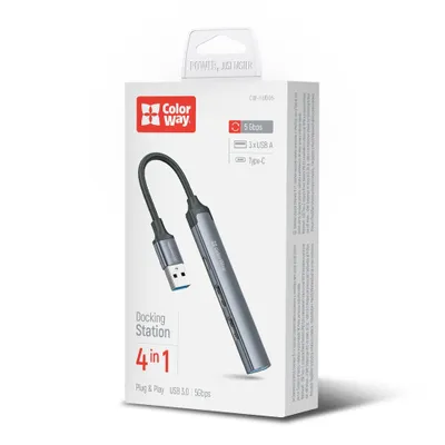 Produktbild von ColorWay USB-Hub 4-in-1, USB 3.0 Dockingstation, 3X USB-A und Type-C Anschlüsse, 5 Gbps, Aluminium, Grau