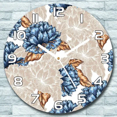 Produktbild von Wanduhr aus Glas Rund fi 30 Blume blau golden Quarz Deko Schlafzimmer Büro