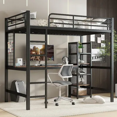 Immagine prodotto di Letto a soppalco 90x200 cm, nero con finitura in legno scuro, realizzato in MDF e metallo, completo di scrivania e libreria, ideale per la camera da letto