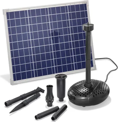 A solar-powered fountain kit is displayed on a white background, showing the solar panel, pump, and various attachments.
