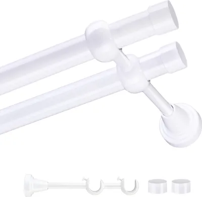 A white double curtain rod with mounting hardware.