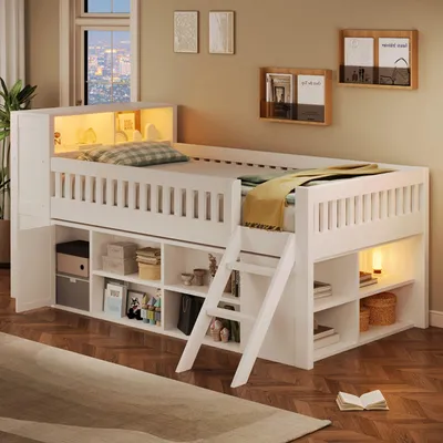 Produktbild von Merax Etagenbett Holzbett 120x200 cm mit LED-Beleuchtung, Stauraumbett mit Regalfächern, Schrankfach und Kopfteil, Hochbett Kinderbett, Weiß