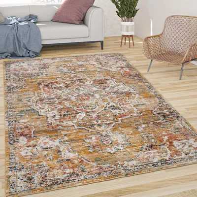 Immagine prodotto di Tappeto soggiorno a pelo corto vintage pastello motivo orientale con bordi giallo beige dimensioni 120x170 cm